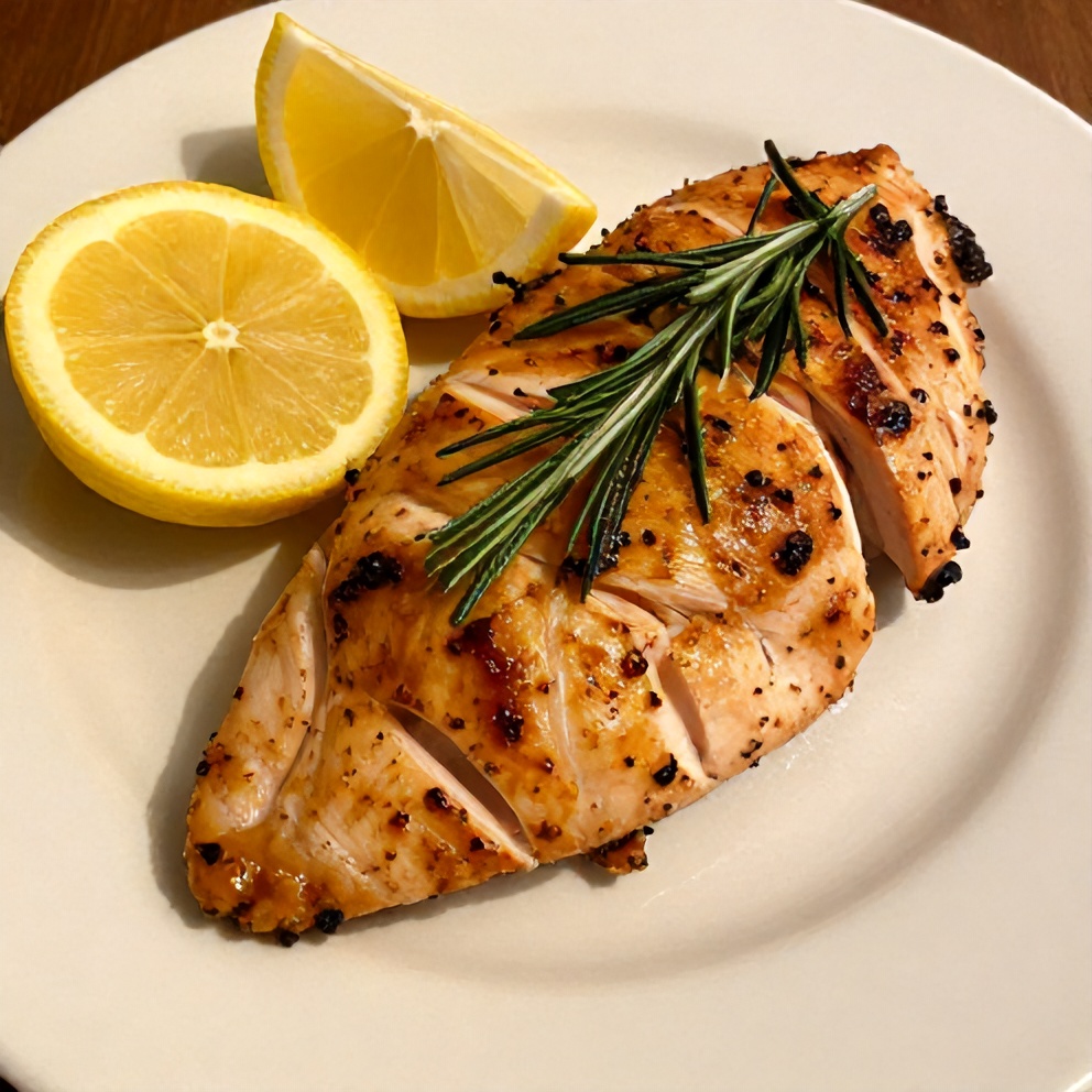 Plated Rosemary Dijon Chicken Breast with lemon wedges