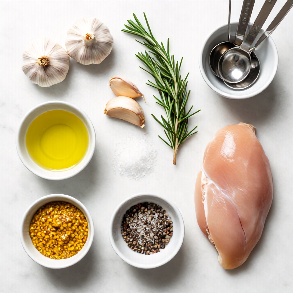 Rosemary, Dijon mustard, chicken breast, garlic, olive oil, salt, pepper