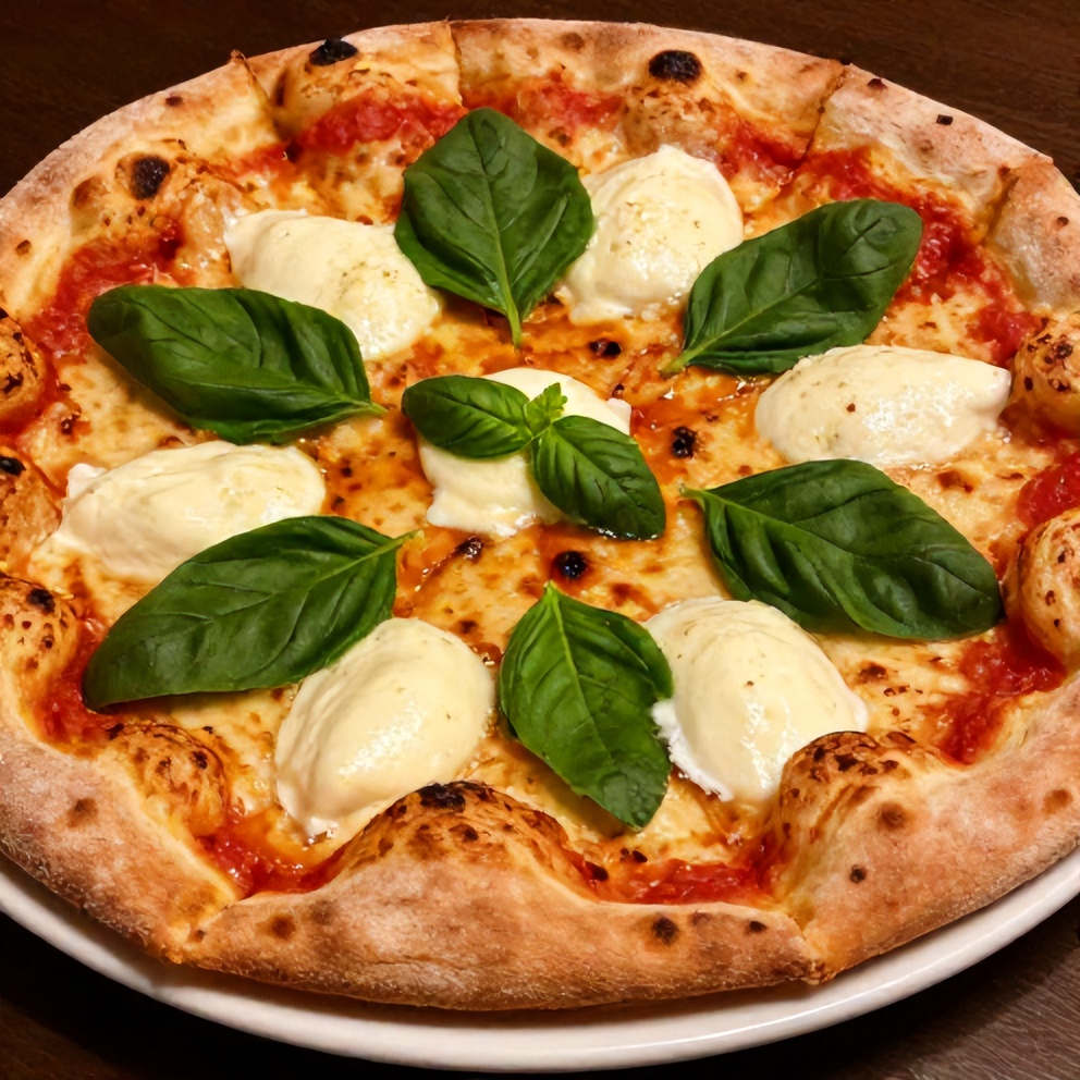 Perfect plated pizza with fresh basil and mozzarella. White plate with golden crust. Warm lighting, visible cheese stretch.