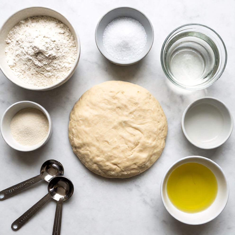 All raw ingredients for homemade pizza dough. Flour, yeast, salt, water, olive oil. Measuring cups and spoons. White marble surface.