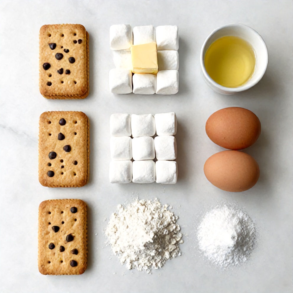 Graham crackers, chocolate chips, marshmallows, butter, sugar, eggs, vanilla extract, flour, baking soda, salt