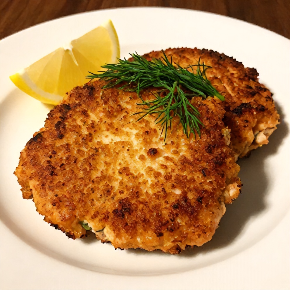 Plated salmon cakes with lemon wedge