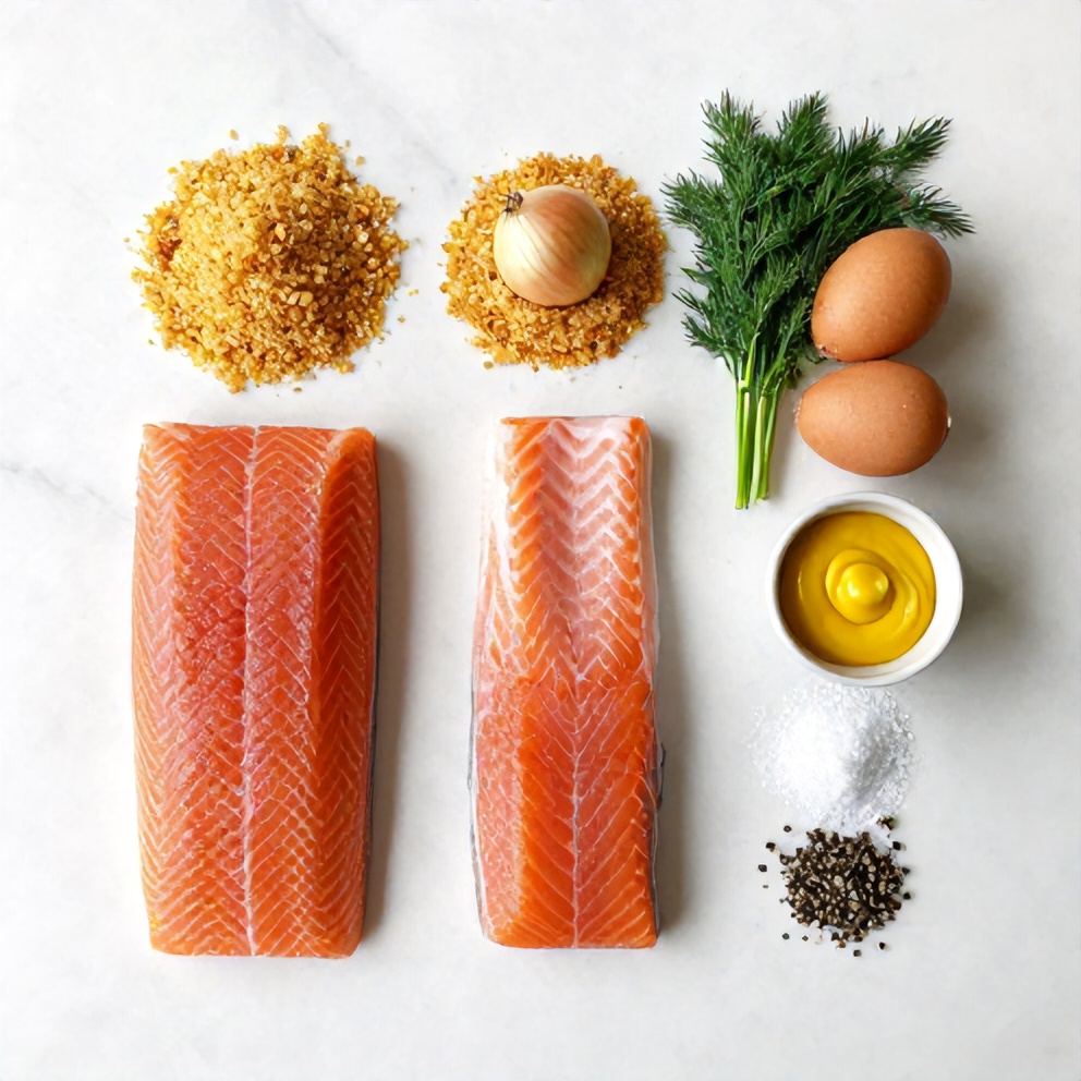 Raw salmon, breadcrumbs, eggs, and seasonings laid out