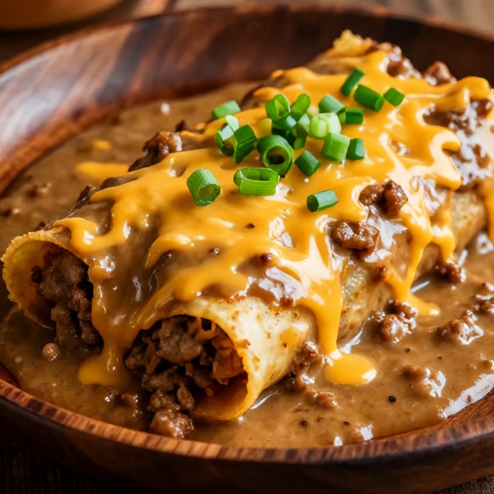 Plated serving of Easy Sausage Gravy Enchiladas