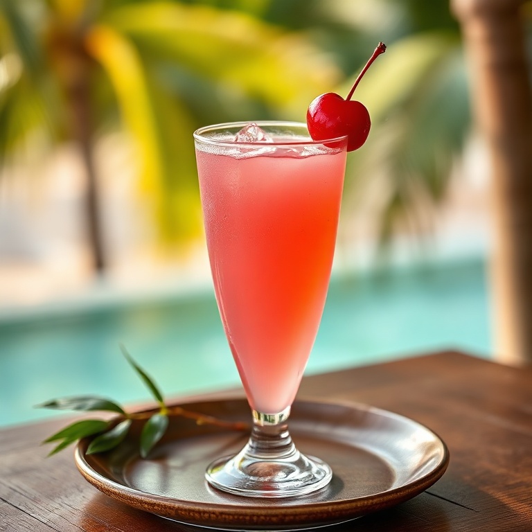 A tall glass of pink cocktail with a cherry on top, sitting on a wooden surface with a tropical background