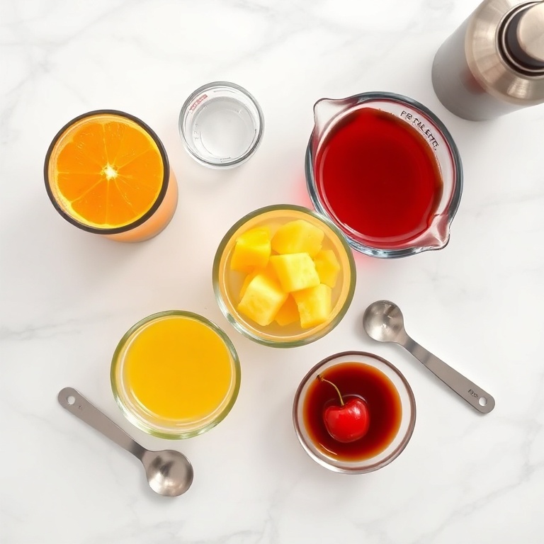 Fresh orange juice, pineapple juice, grenadine, and a cherry arranged in a clean kitchen with measuring cups and a shaker