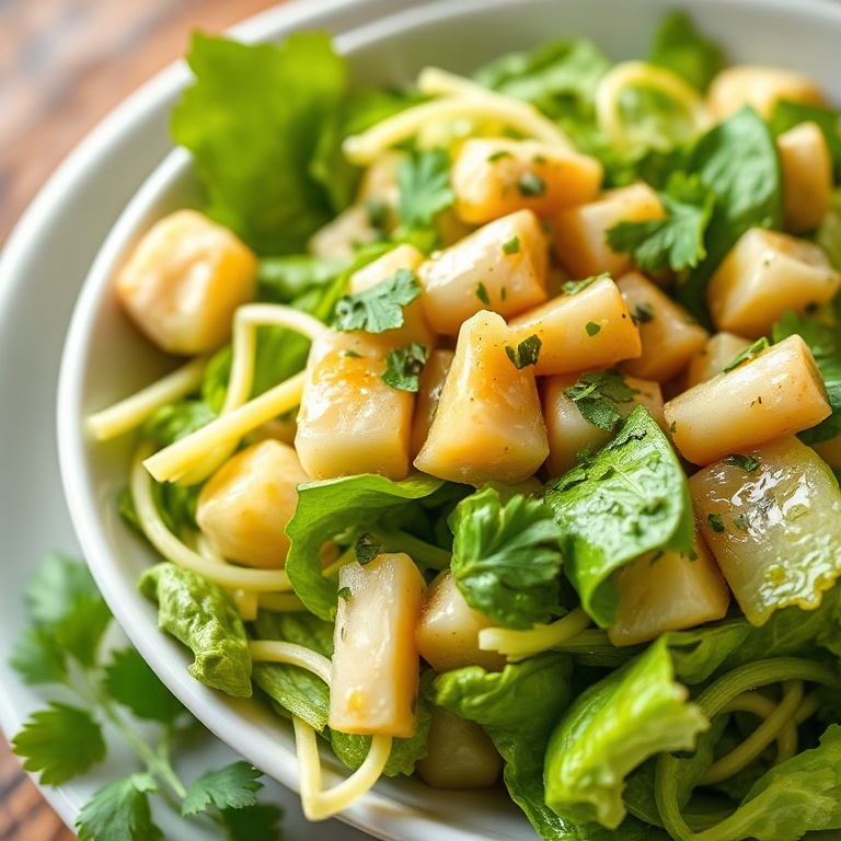 Plated salad tossed with easy shallot vinaigrette and garnished with fresh herbs in a white bowl