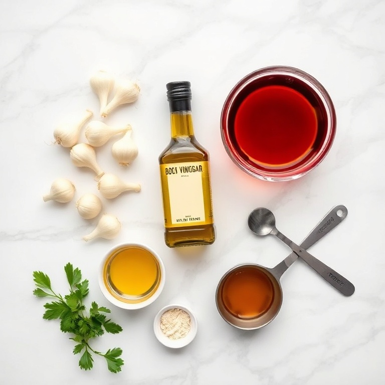 Raw ingredients for shallot vinaigrette including shallots, olive oil, vinegar, Dijon mustard, and honey arranged on white marble