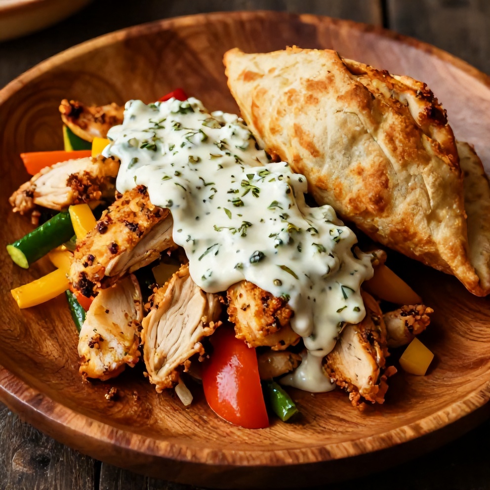Plated Sheet Pan Chicken Pita with Herby Ranch Sauce