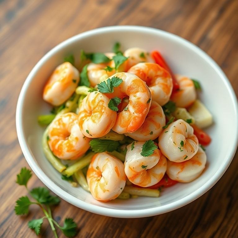 Plated shrimp salad garnished with chopped cilantro in a white bowl with warm side lighting