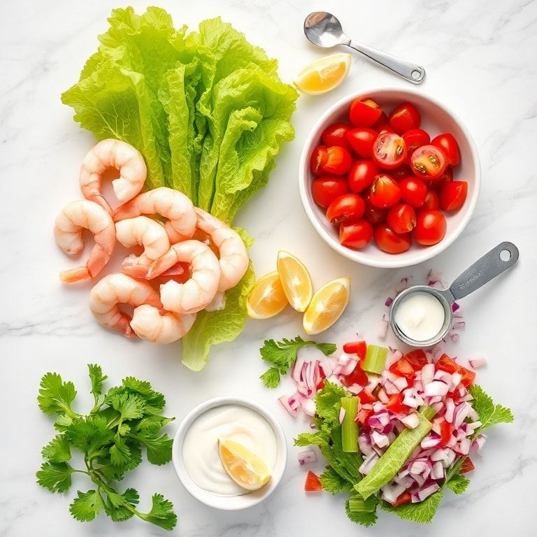 Raw shrimp, fresh lettuce, cherry tomatoes, red onion, celery, small prep bowls of dressing ingredients laid out on white marble surface