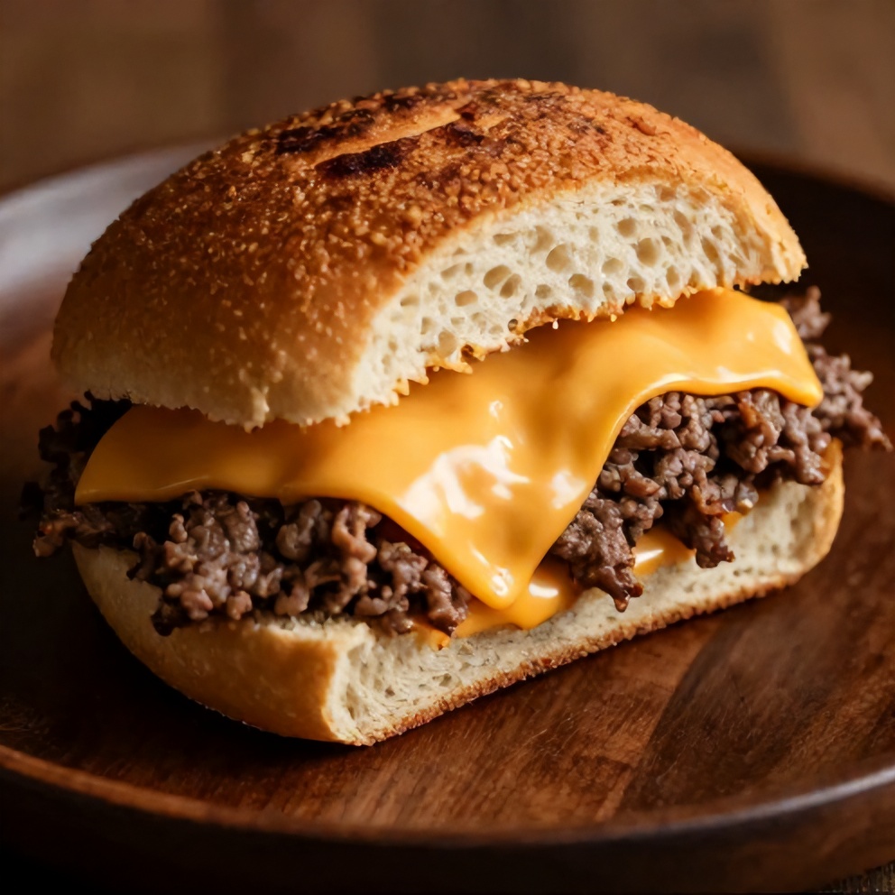 Close-up of a beef and cheddar sandwich on a plate