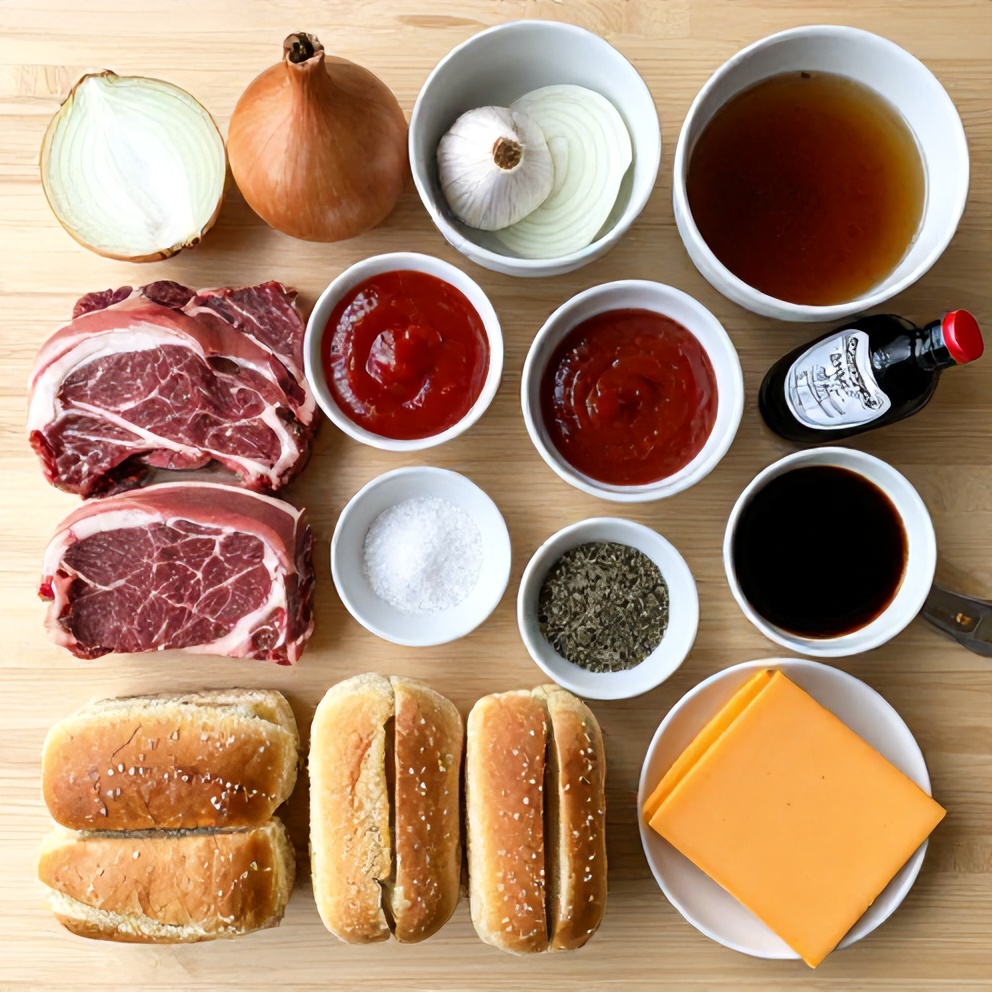 Raw ingredients for beef and cheddar sandwiches on a wooden surface