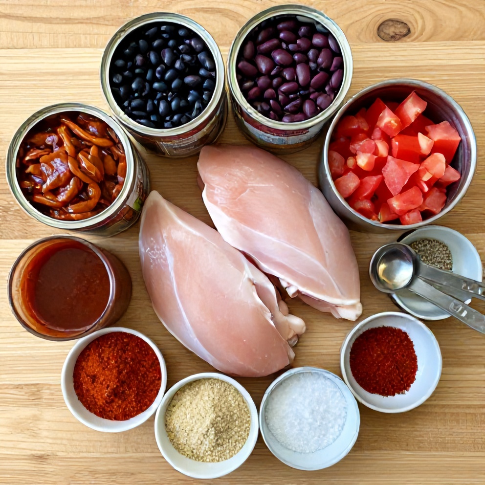 Raw ingredients for Slow Cooker Buffalo Chicken Chili laid out on a wooden surface