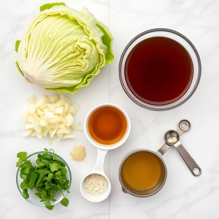 Fresh cabbage, carrots, onion, garlic, and broth arranged in a clean flat lay for an easy slow cooker cabbage recipe.