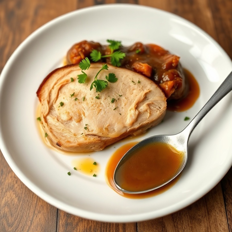 A slice of chicken pot roast on a white plate with herbs and a spoonful of gravy.