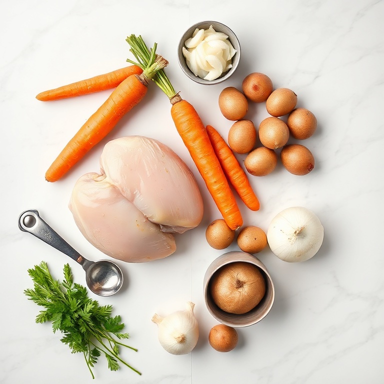 Fresh chicken, carrots, potatoes, onions, and garlic arranged in a flat lay on a wooden surface.