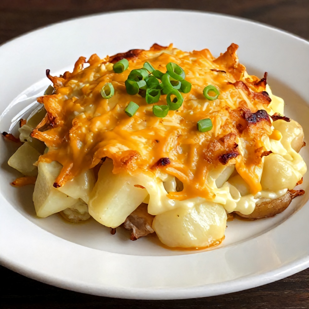 Plated serving of cowboy potato casserole with green onions
