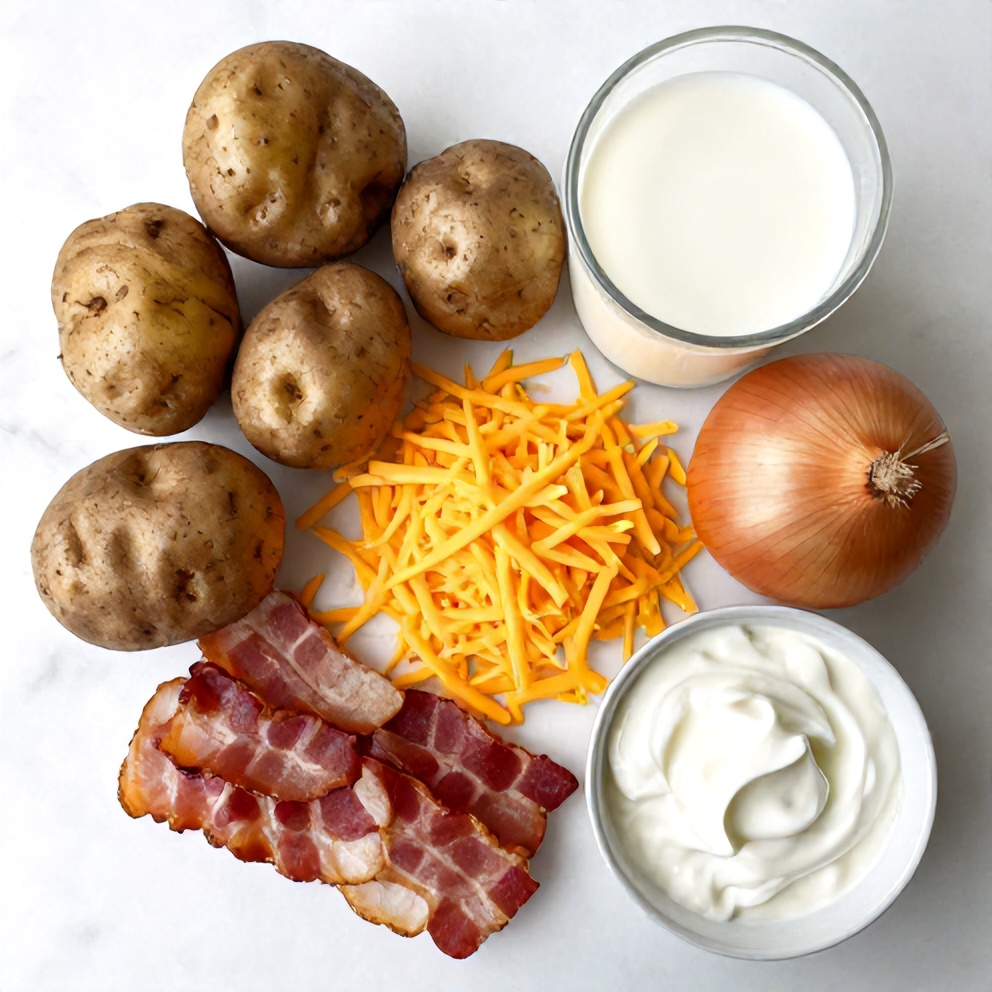 Raw ingredients for cowboy potato casserole arranged on marble surface