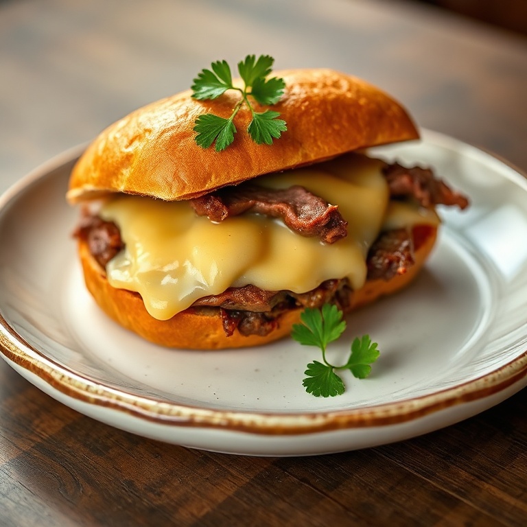 A plated French dip sandwich with melted Swiss cheese and fresh parsley garnish on a rustic white plate