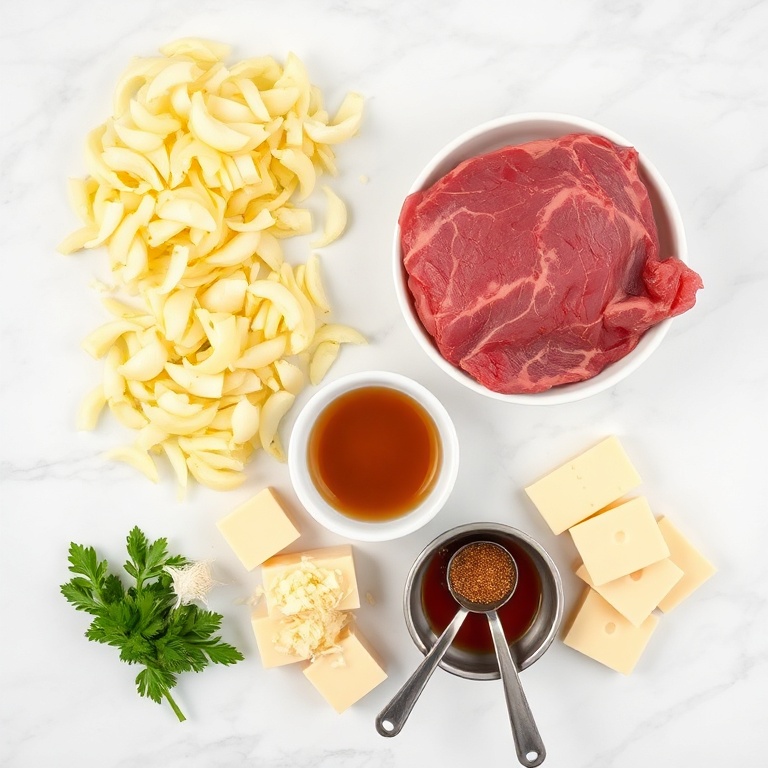 Raw ingredients for French dip sandwiches including chuck roast, beef broth, onions, garlic, hoagie rolls, and Swiss cheese on a white marble surface