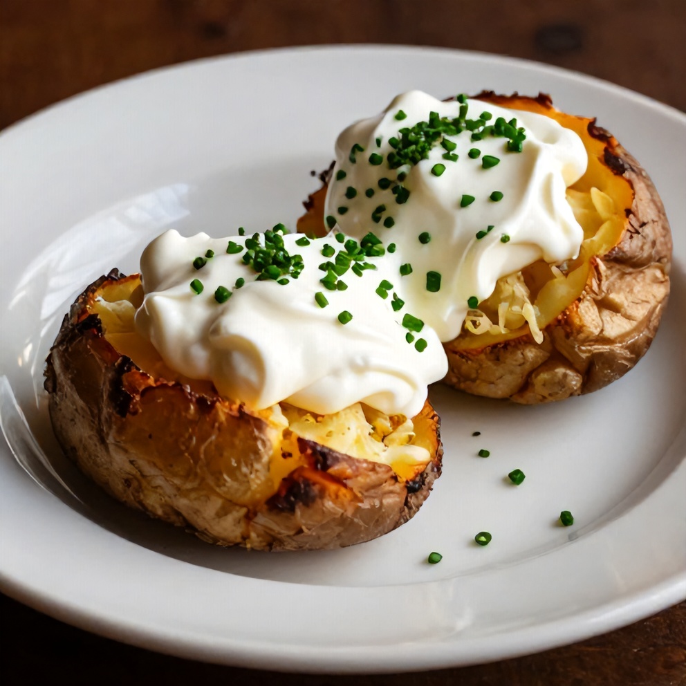 Plated loaded baked potatoes with sour cream and chives