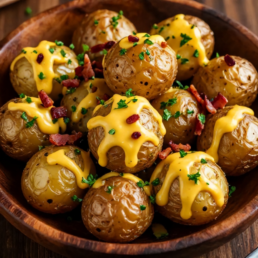 Plated smoked baby potatoes with beer mustard