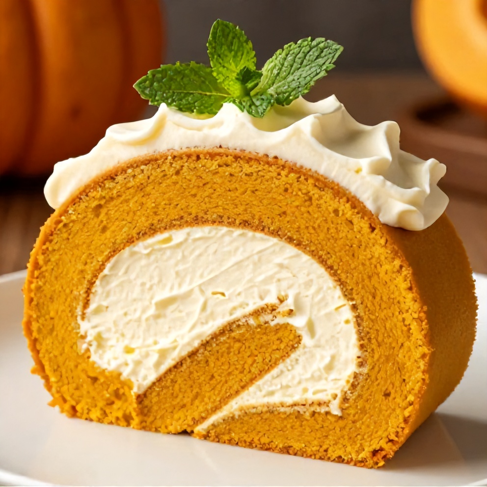 A slice of spiced pumpkin roll with cream cheese frosting, garnished with a mint leaf