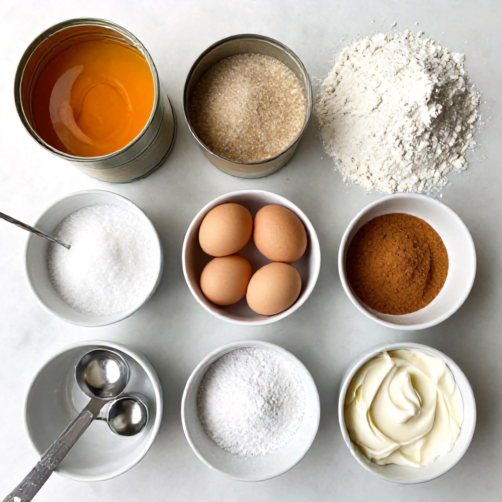 Ingredients for spiced pumpkin roll: canned pumpkin, eggs, sugar, flour, spices, cream cheese, powdered sugar