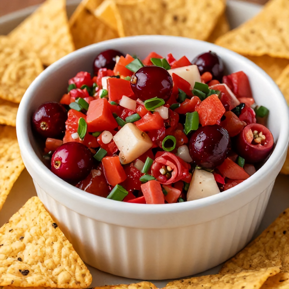 Spicy Cranberry Salsa in bowl with tortilla chips