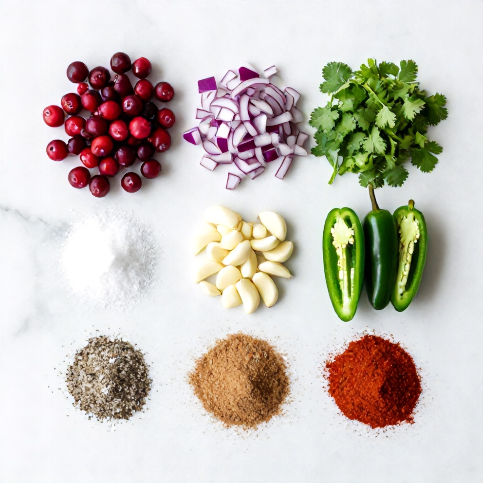 Cranberries, jalapeños, onion, cilantro, lime, and garlic on white marble