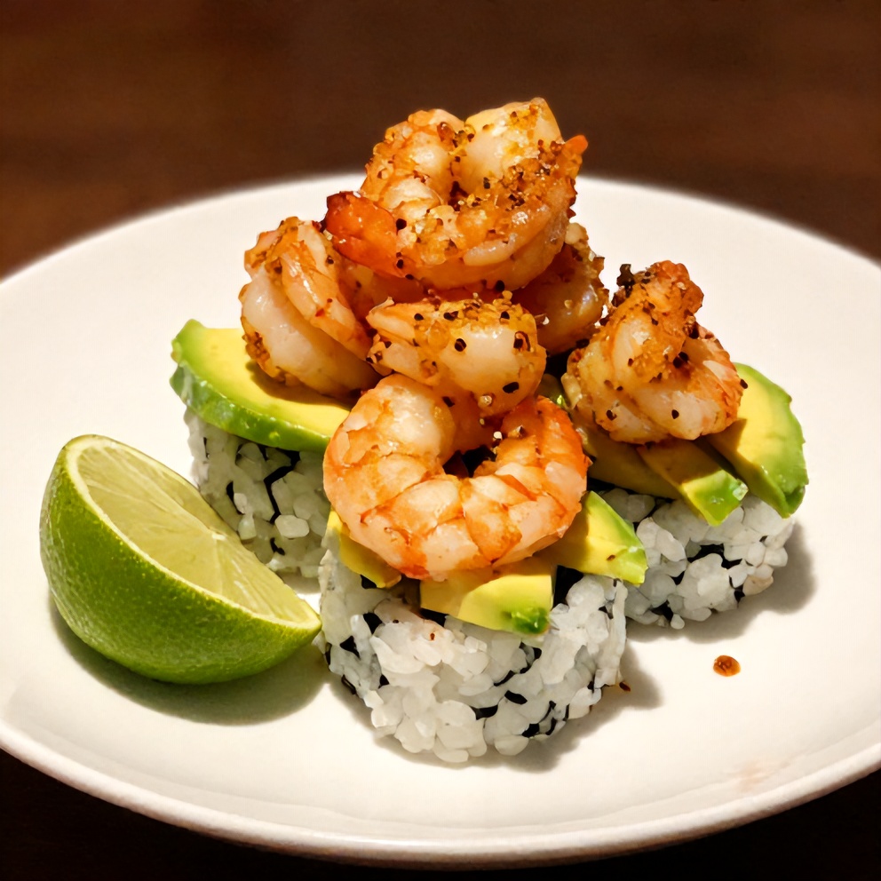 Easy Spicy Shrimp Sushi Stacks plated on a white dish with a lime wedge