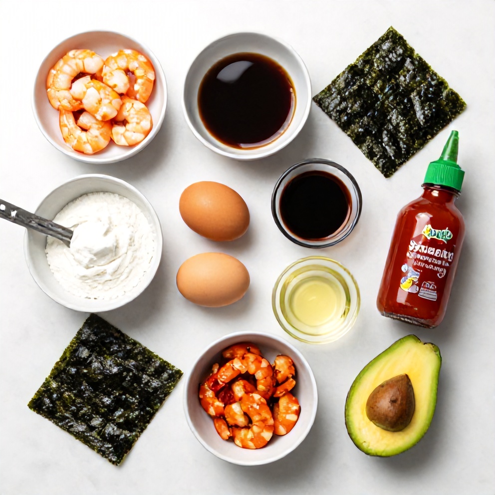 Raw ingredients for Easy Spicy Shrimp Sushi Stacks on a white marble surface