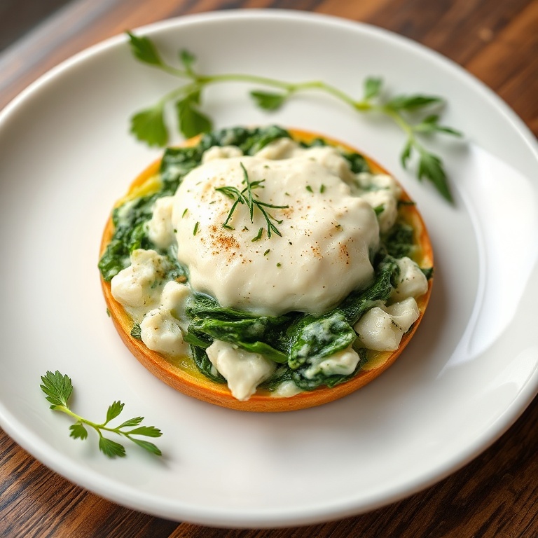 A perfectly plated spinach and cottage cheese flagel with fresh herbs on a white plate.