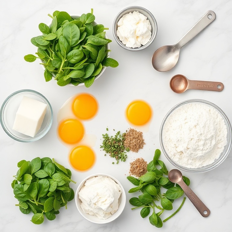 Raw spinach, cottage cheese, eggs, flour, and seasoning arranged in an overhead flat lay.