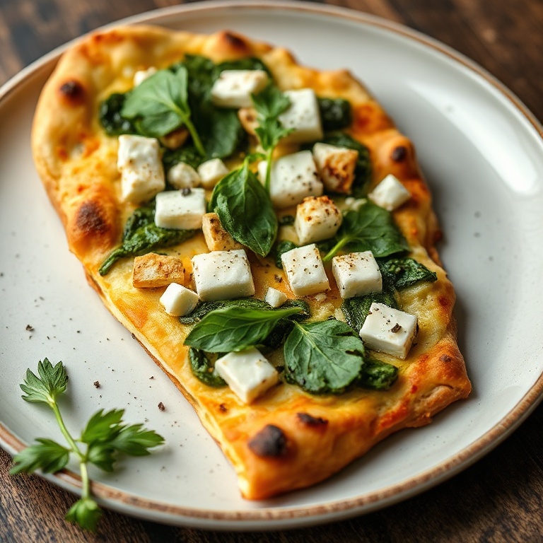 Perfect plated spinach and feta flatbread pizza. Garnished with fresh herbs. Close crop. Warm side lighting showing texture. Photorealistic food photography. No text. No watermark.
