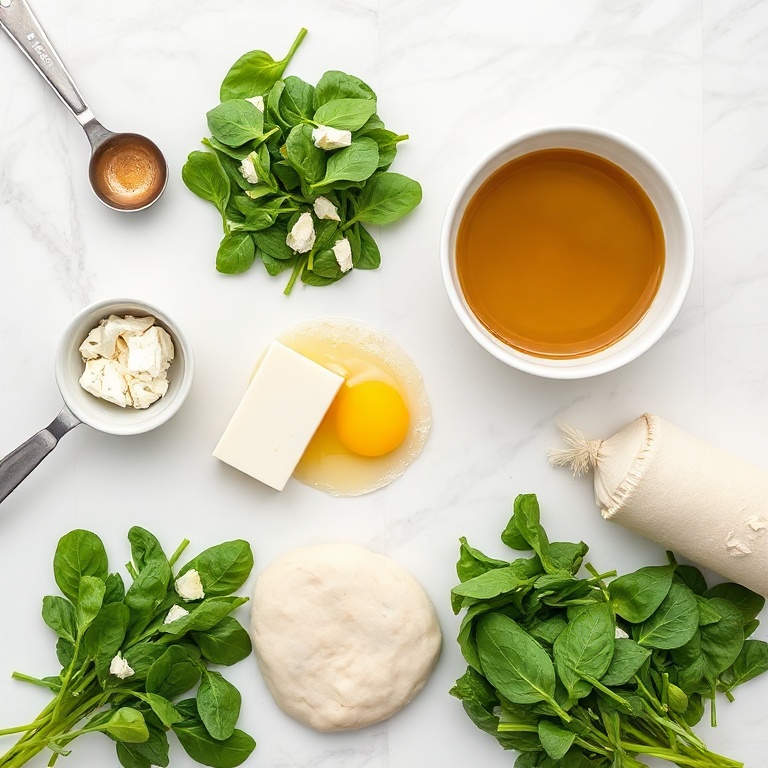 Overhead flat lay of spinach, feta, flatbread dough, olive oil, and garlic. Measuring spoons and bowls visible. White marble surface. Bright even light. Photorealistic food photography. No text. No watermark.