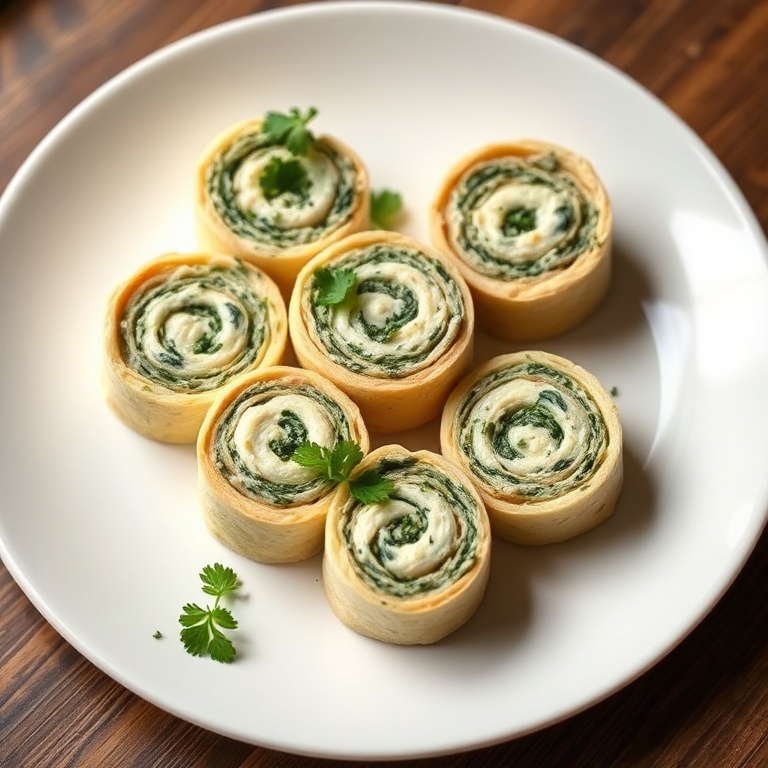 Perfectly plated spinach dip pinwheels with a sprinkle of parsley. White plate with slight shadows. Warm lighting.