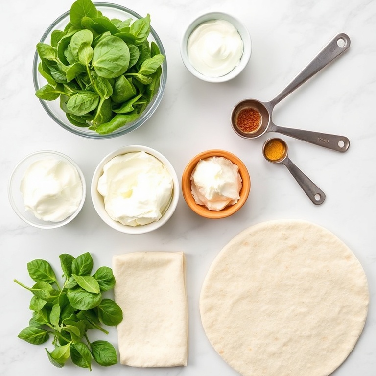 Raw ingredients for spinach dip pinwheels: spinach, cream cheese, mayonnaise, garlic, and flour tortillas. Measuring spoons, bowls, and a cutting board visible.