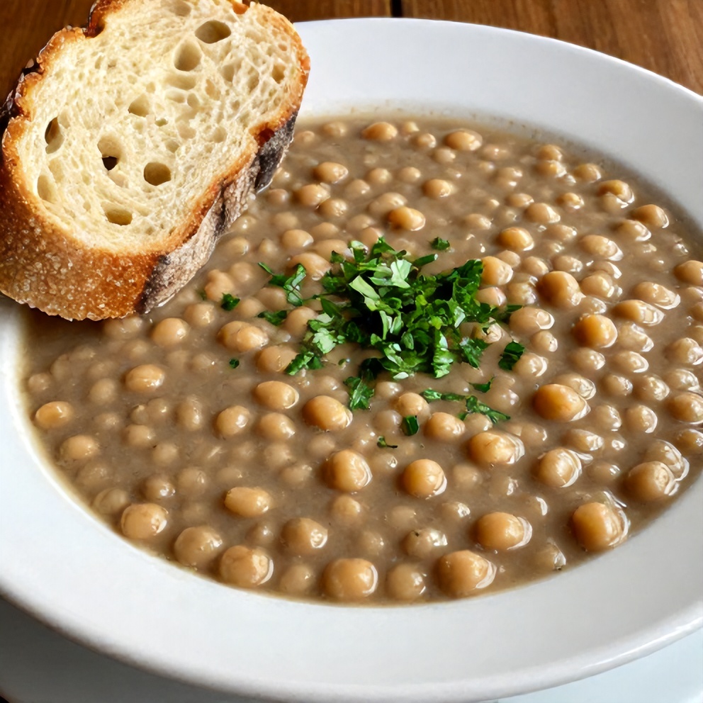 Split Pea Soup served in a bowl with crusty bread
