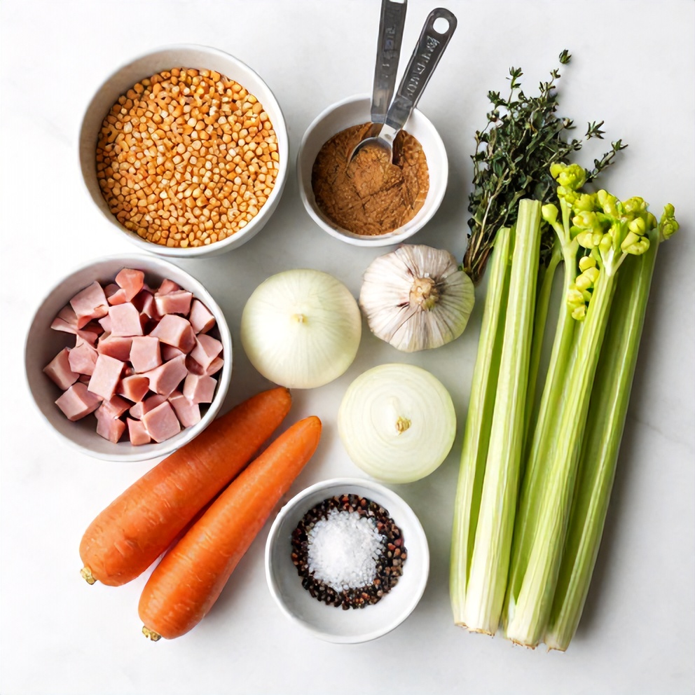 Split peas, onion, carrot, celery, and ham on a white marble surface