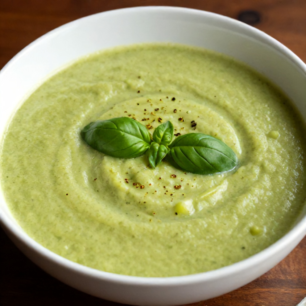Bowl of Spring Zucchini Basil Soup with a sprinkle of fresh basil