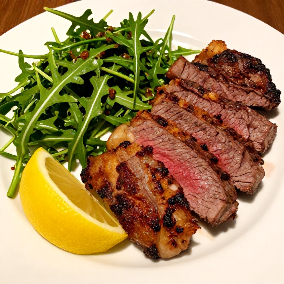 Plated steak and arugula salad with lemon wedge
