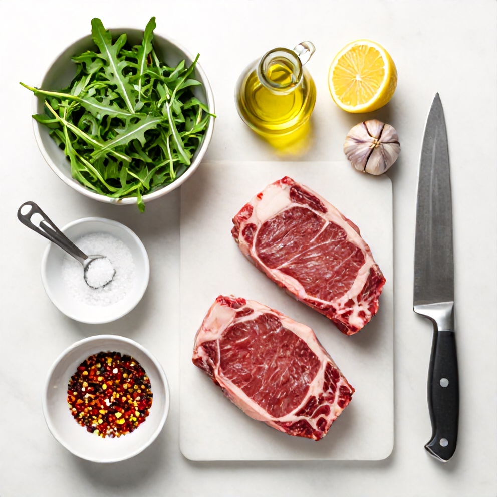 Raw ingredients for steak and arugula salad on a white marble surface