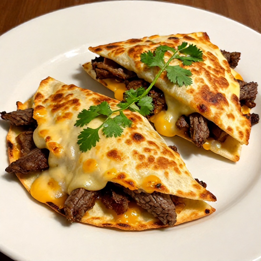 Plated Steak Cheese Quesadillas with sour cream and guacamole