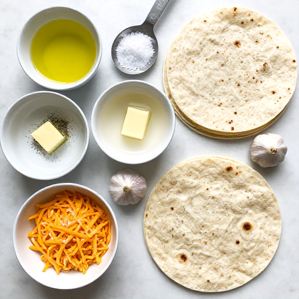 Raw ingredients for Steak Cheese Quesadillas on a marble surface
