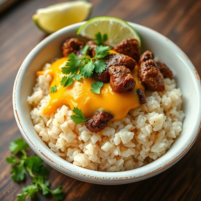 One perfect serving of steak queso rice bowl. Garnished with cilantro and lime. Warm side lighting shows texture. White ceramic bowl with a rustic edge.