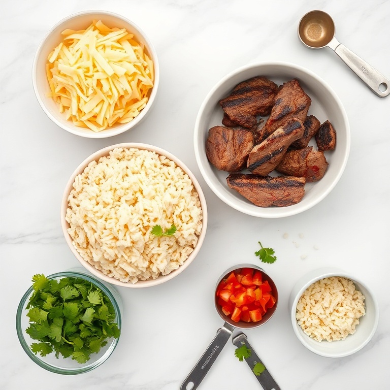 Raw ingredients for steak queso rice bowl arranged as an overhead flat lay. Grilled steak, cooked rice, shredded cheese, diced tomatoes, cilantro, and avocado visible. Measuring spoons and bowls nearby. Bright even light.