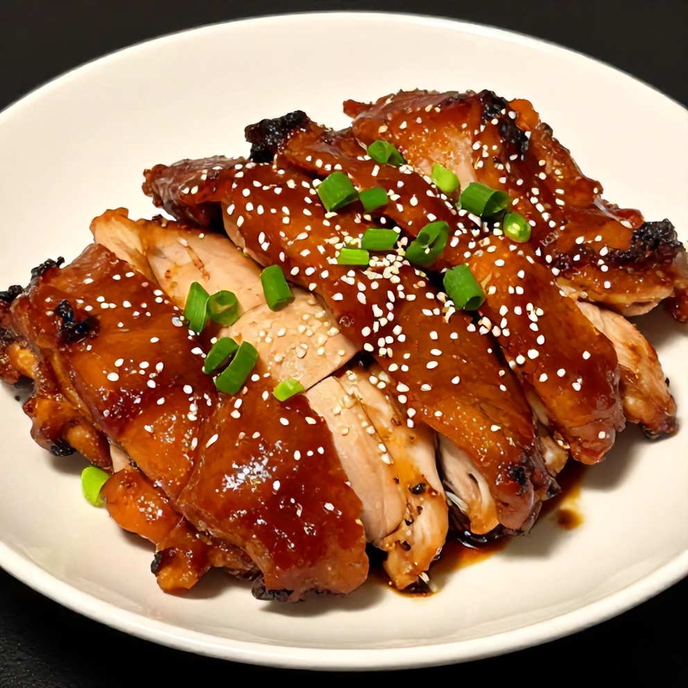Plated serving of Easy Sticky Char Siu Chicken