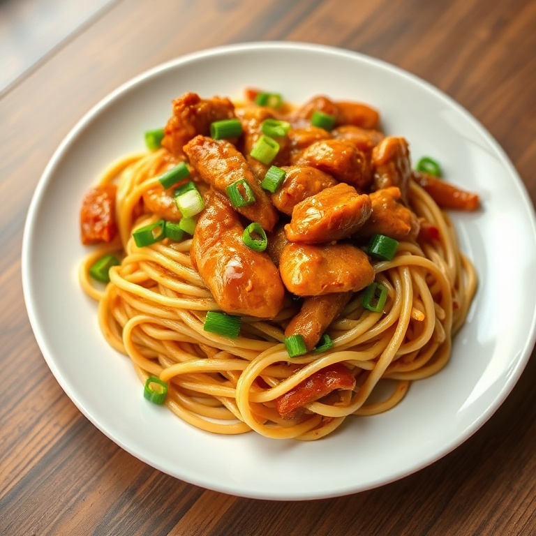 Close up of sticky garlic chicken noodles garnished with sliced green onions on a white ceramic plate
